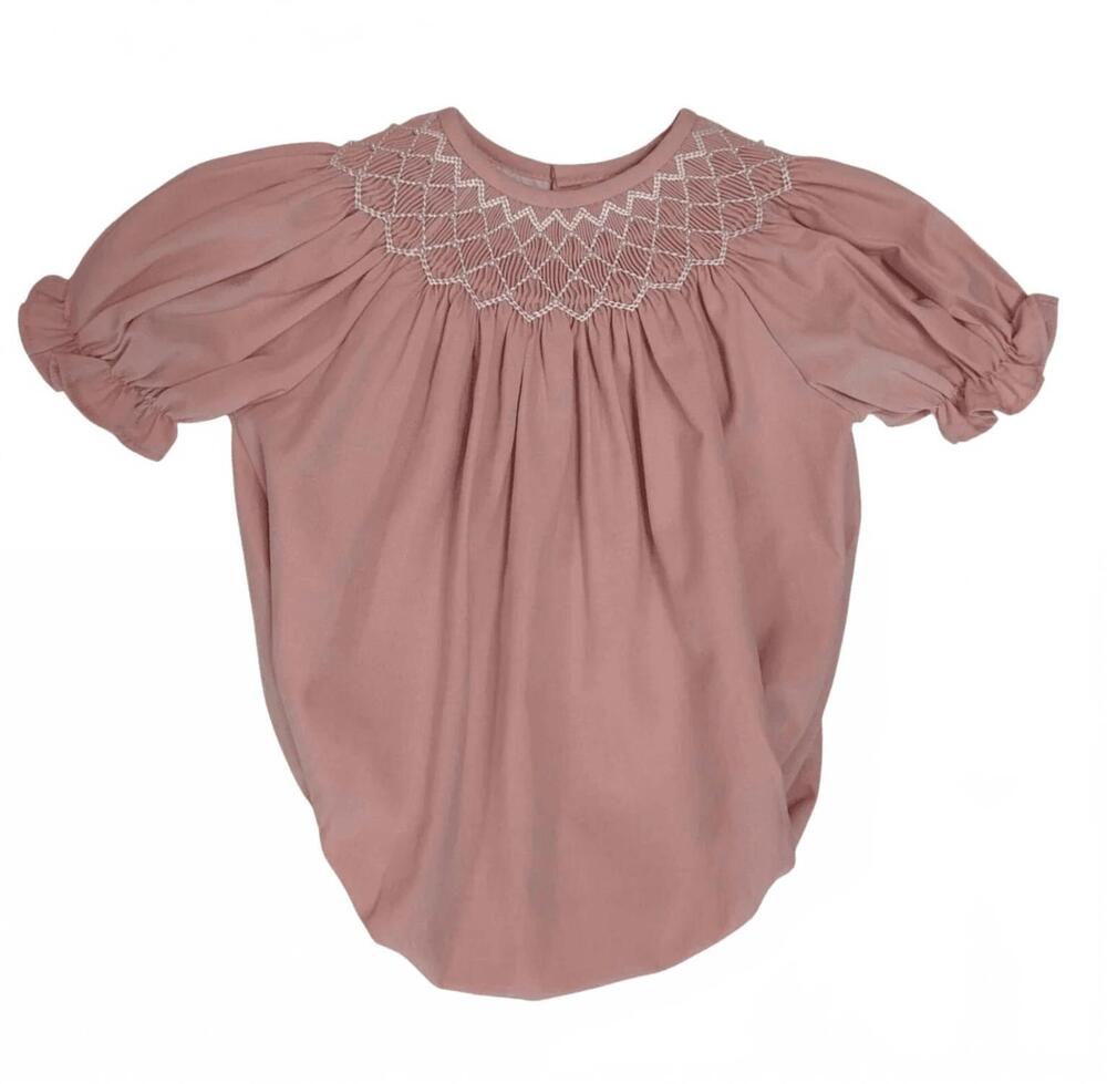 NEW SWEET DREAMS baby girls smocked bubble romper in mauve pearl